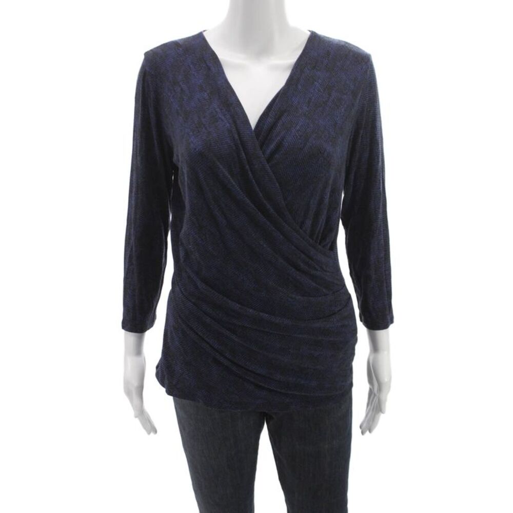 Max Mara Womens Blue V Neck Geometric Viscose Wrap Sweater Long Sleeve Size L